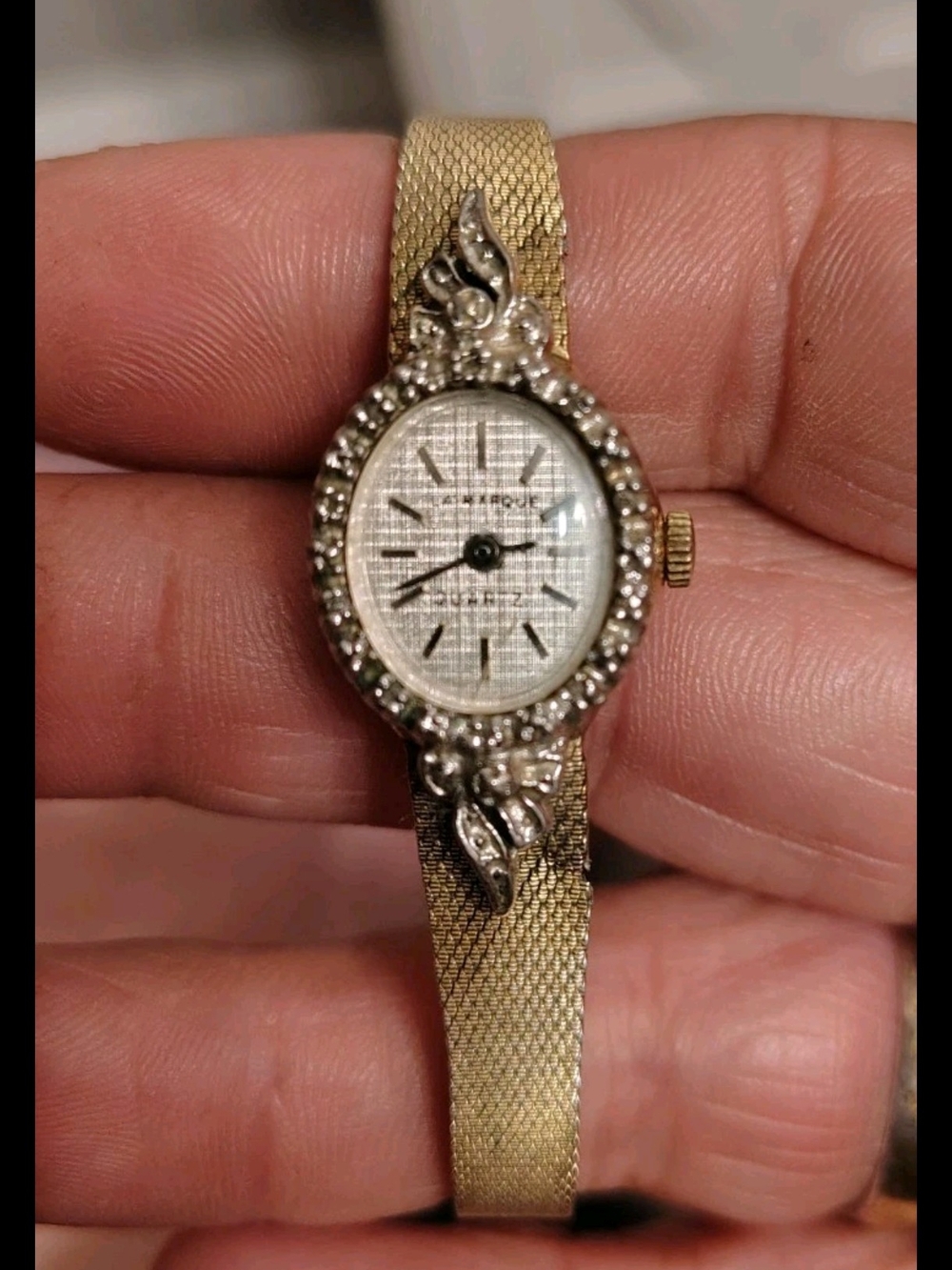 Hamilton Ladies Gold Filled Diamond Mesh Band Oval Watch Vintage
